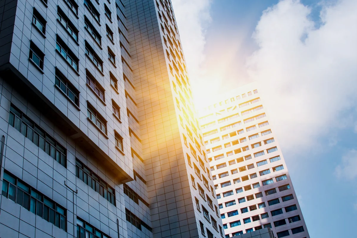 Modern commercial buildings in warm daylight
